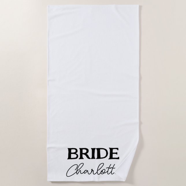 Schwarz Elegant Script Bride White Strandtuch (Vorderseite)