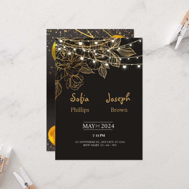 Schwarz Elegante Minimalistische Hochzeitseinladun Einladung (Vorderseite/Rückseite Beispiel)