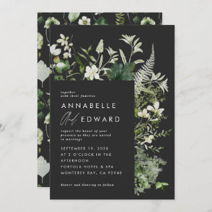 Schwarz elegante moderne botanische Skripthochzeit Einladung