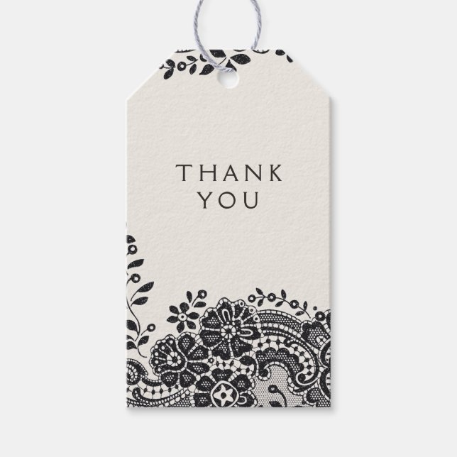 Schwarz elegante Vintage Spitzen Hochzeit danke Geschenkanhänger (Vorderseite)