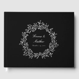 Schwarz-Eleganter Botanischer Coupel Logo-Kranz Gästebuch