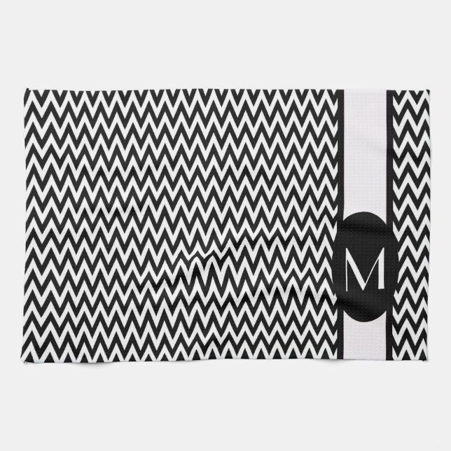 Schwarz Elegantes Zickzack Design mit Monogramm Geschirrtuch (Horizontal)