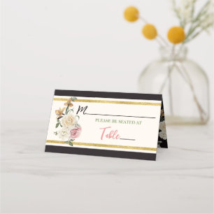 Schwarz, Elfenbein, Gold Blumen Hochzeitsdusche Platzkarte