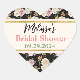 Schwarz, Elfenbein, Gold, Blumenstrauß Herz-Aufkleber