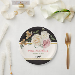 Schwarz, Elfenbein, Gold, Blumenstrauß Pappteller