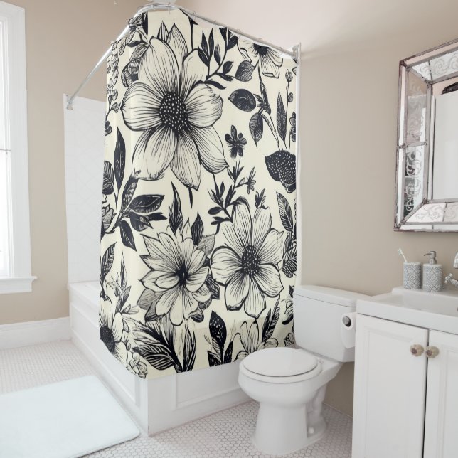 Schwarz & Elfenbeinfloral Duschvorhang (Beispiel)