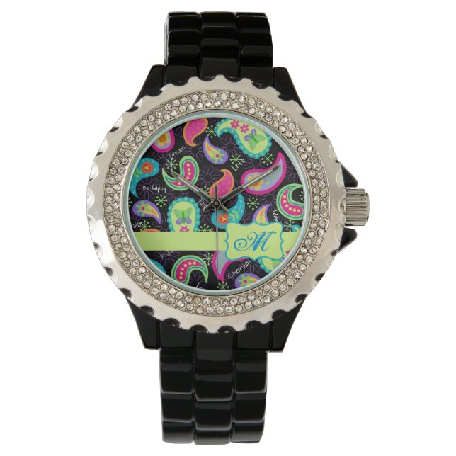 Schwarz Farbenfrohe moderne Paisley-Muster Monogra Armbanduhr (Vorderseite)