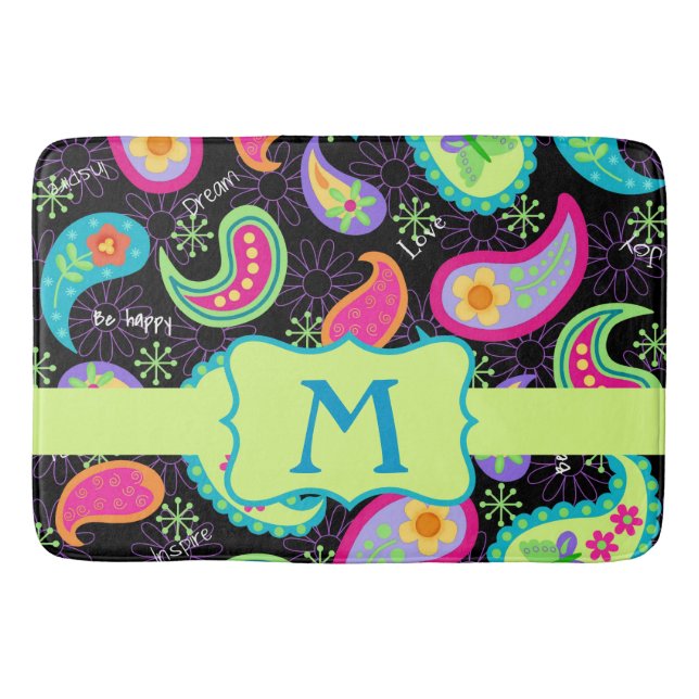 Schwarz Farbige Monogram Modernes Paisley Muster Badematte (Vorderseite)