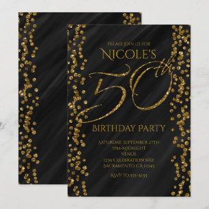Schwarz & Faux Gold Glitter Glam 50 50. Geburtstag Einladung