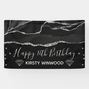 Schwarz & Fauxsilber Glitter Achat Sweet 16 Banner
