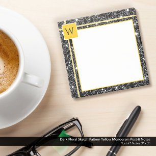Schwarz-Flora-Sketch-Muster Schwarz-Gelb-Monogramm Post-it Klebezettel