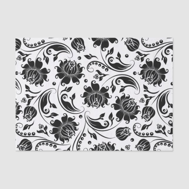 Schwarz Floral Damaskus Muster weißer Hintergrund Seidenpapier (Vorderseite)