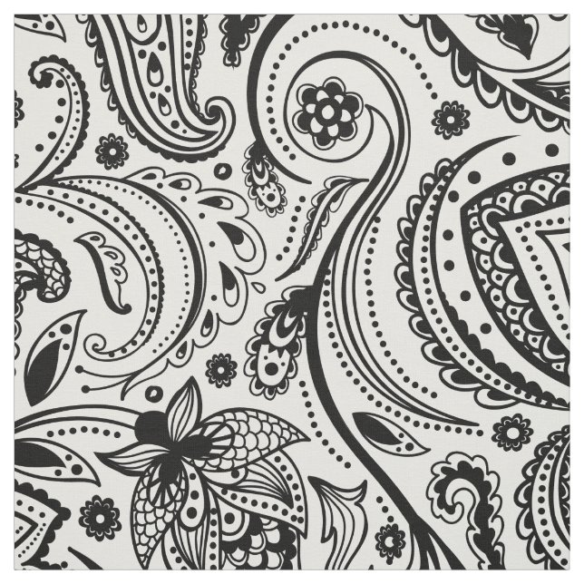 Schwarz-Floral Paisley-Custom Weißer Hintergrund Stoff (Muster)