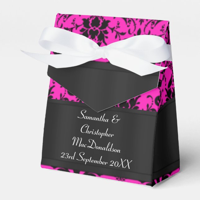 Schwarz-Fuchsienrosa-Damastenhochzeit Geschenkschachtel (Vorderseite)