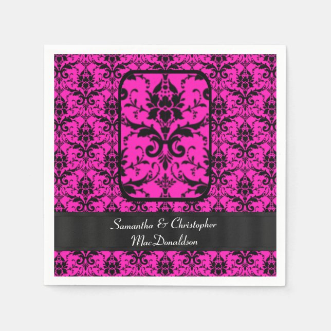 Schwarz-Fuchsienrosa-Damastmuster Serviette (Vorderseite)
