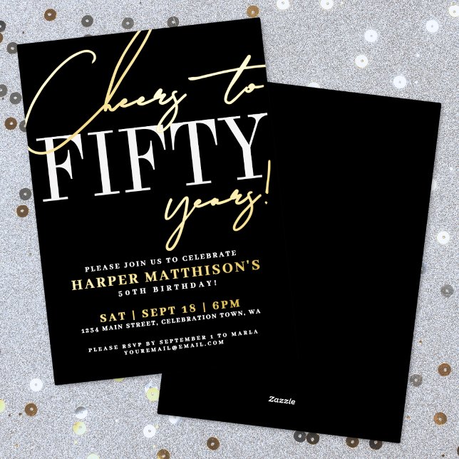 Schwarz Fünfzig 50. Geburtstag Gold Folieneinladung (Black Fifty 50th Birthday Gold Foil Invitation)
