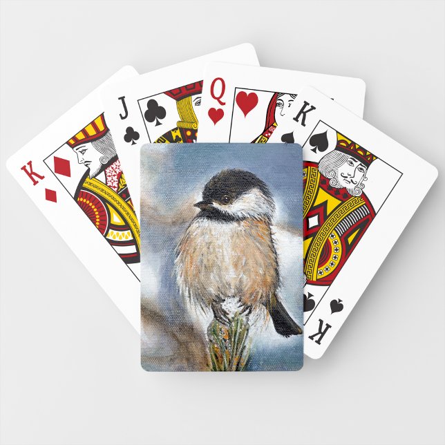 Schwarz gekappte Chickadee Bird Wintermalerei Spielkarten (Black Capped Chickadee Bird Winter Painting Playing Cards from Jenn's Emporium. )