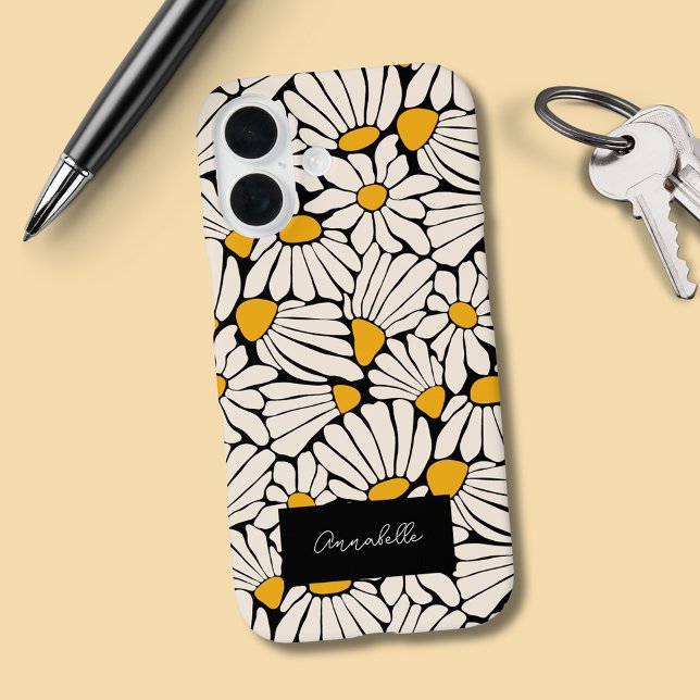 Schwarz-Gelb-Blumenstempel Case-Mate iPhone Hülle (Black and mustard yellow retro phone case in feminine boho floral pattern. Add your own name/initial)