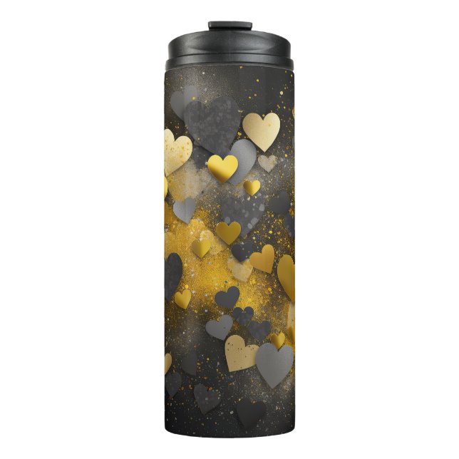 Schwarz-Gelb-Grau-Glitzer-Herzen Thermosbecher (Vorderseite)