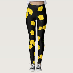 Schwarz-Gelb-Hibiskus-Blume Gemustert Leggings