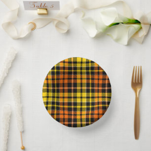 Schwarz Gelb Orange Karo Tartan Design Pappteller