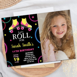 Schwarz-Gelb-Rosa Skaten Geburtstag mit Foto Einladung