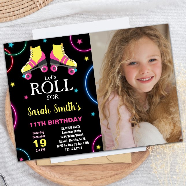 Schwarz-Gelb-Rosa Skaten Geburtstag mit Foto Einladung (Black Yellow Pink Skating Birthday with Photo Invitation)