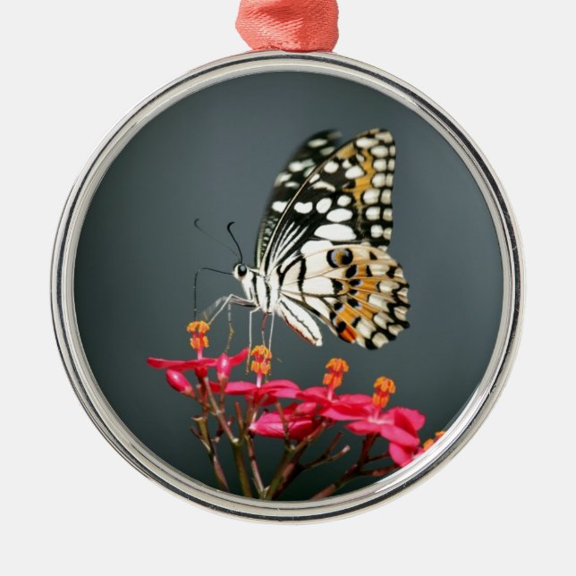 Schwarz-Gelb-Schmetterling auf rosa Blume Ornament Aus Metall (Vorne)