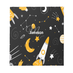 Schwarz-Gelb-Weltraum-Galaxie-Raketentext Notizblock