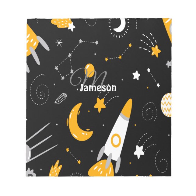 Schwarz-Gelb-Weltraum-Galaxie-Raketentext Notizblock (Vorderseite)