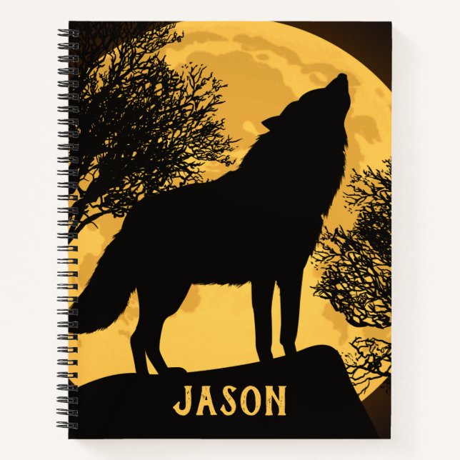 Schwarz-Gelb Wolf Full Moon Spiral Notebook Notizbuch (Vorderseite)