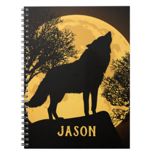 Schwarz-Gelb-Wolf und Vollmond-Notebook Notizblock