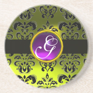 SCHWARZ-GELBE DAMASTSTICKEREI  Lila Amethyst-Monog Sandstein Untersetzer
