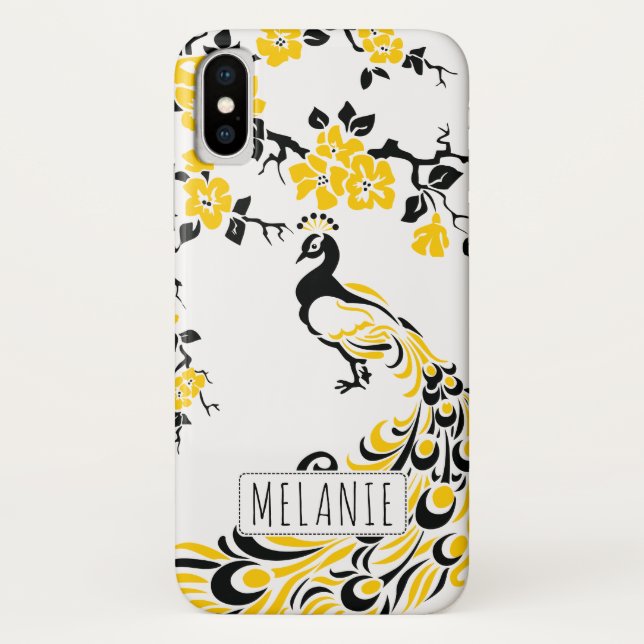 Schwarz-Gelbe Pfau & Kirschblüten Jugendstil Case-Mate iPhone Hülle (Rückseite)