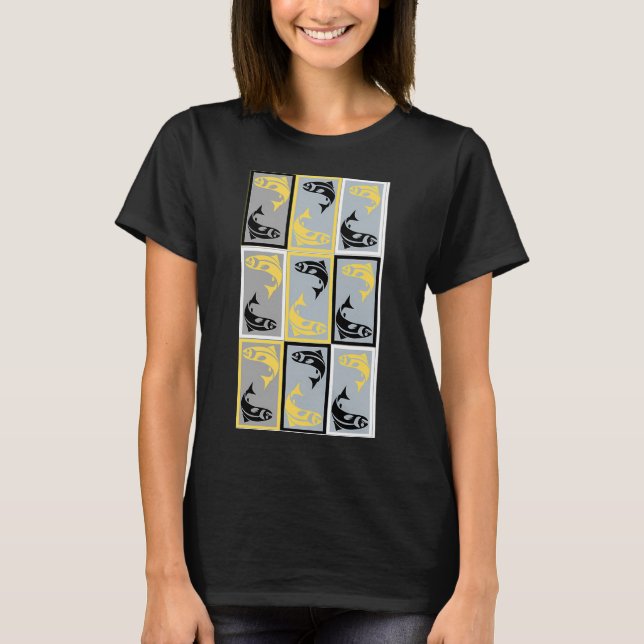Schwarz-gelbes Fischdesignmuster T-Shirt (Vorderseite)