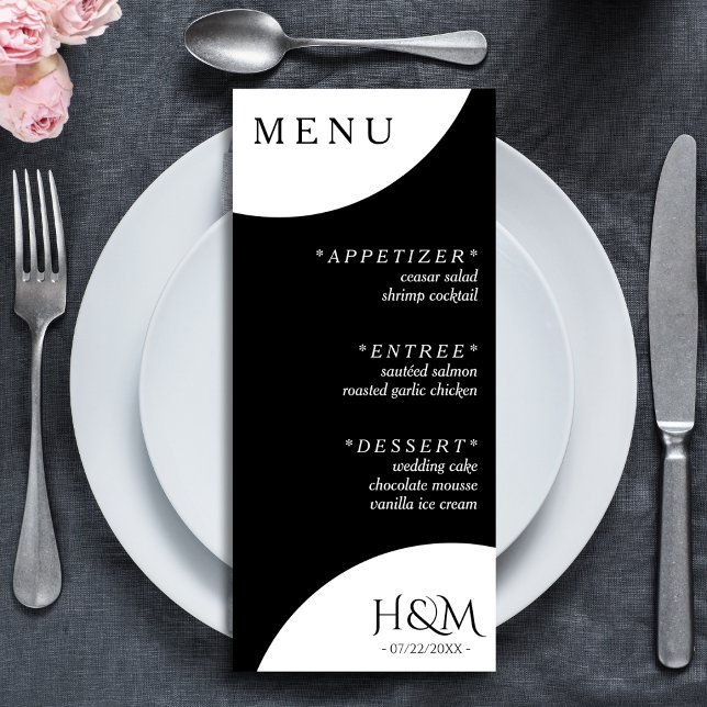 Schwarz Geometrisches Arch Dinner Hochzeitsempfang Menükarte (black and white wedding menu)