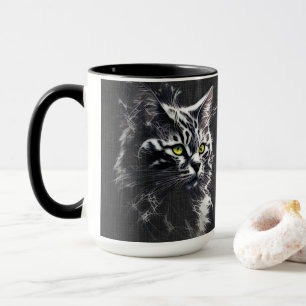 Schwarz getigerte Maine Coon Katze Grüne Augen Zwe Tasse