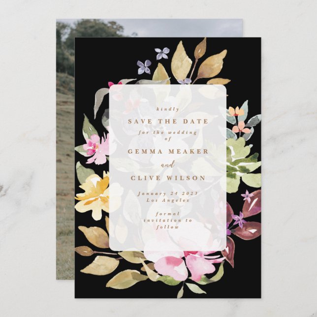 Schwarz getrocknete Wasserfarben Hochzeitskunst Fo Save The Date (Vorne/Hinten)