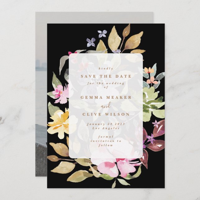 Schwarz getrocknete Wasserfarben Hochzeitskunst Fo Save The Date (Vorne/Hinten)