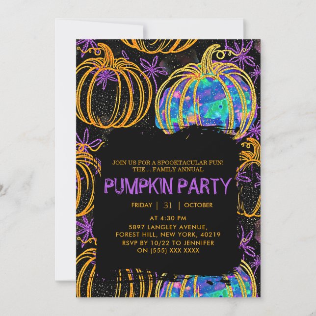 Schwarz | Glitzer Pumpkin Halloween Einladung (Vorderseite)