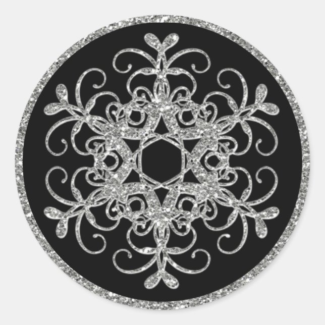 Schwarz, Glitzer sieht Snowflake Hochzeitsticker Runder Aufkleber (Vorderseite)