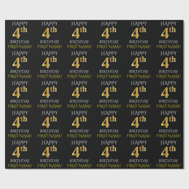 Schwarz, "GLÜCKLICHES 4. GEBURTSTAG" Faltpapier Geschenkpapier (Flach)