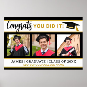 Schwarz-Gold 3 Foto Collage Glückwunschs Grad 2025 Poster