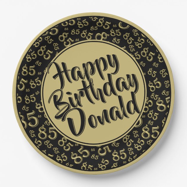 Schwarz/Gold 85. Zufallszahlenmuster Pappteller (Vorderseite)