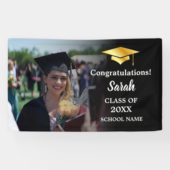 Schwarz | Gold Abschluss Custom Foto Class of 2025 Banner (Horizontal)