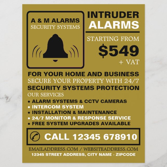 Schwarz-Gold-Alarm-Logo, Sicherheitsalarm-Service Flyer (Vorne)