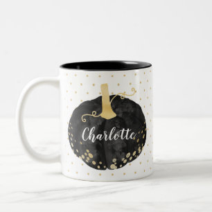 Schwarz-Gold-Aquarell-Monogram-Kürbis Halloween Zweifarbige Tasse