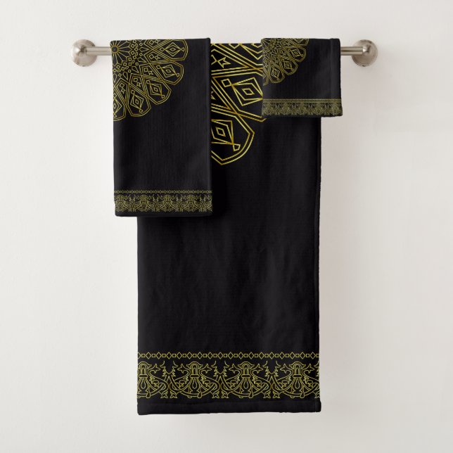 Schwarz-Gold-Arabesque-Muster-Set Badhandtuch Set (Insitu)