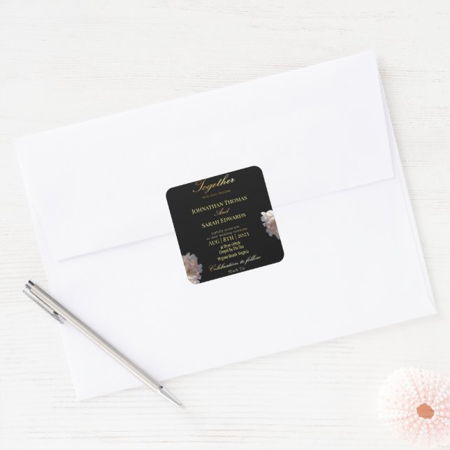 Schwarz-Gold-Aufkleber für feierliche Hochzeiten Quadratischer Aufkleber (Umschlag)