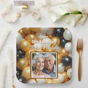 Schwarz-Gold-Ballons Personalisierter Jahrestag Pappteller